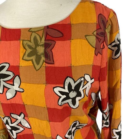 Handmade S Orange Floral Plaid Dress Midi Drop Waist 20s Cottagecore African - Picture 5 of 6